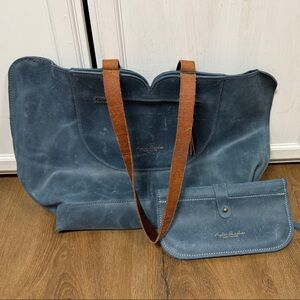 Handmade Ayelet Shachar Blue Leather Tote and Clutch Set